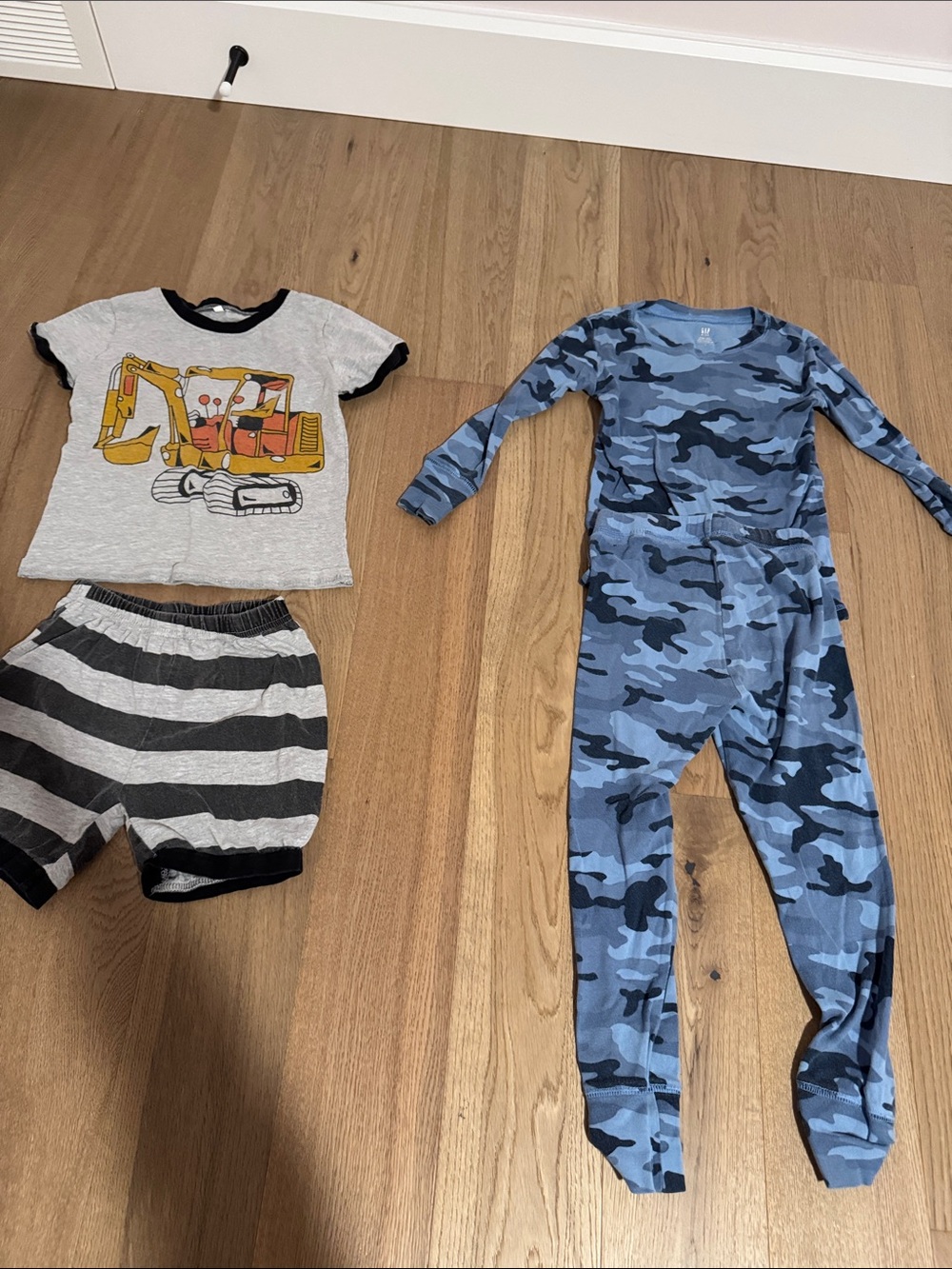 Kids Blue Camo Two-Piece Pajamas and Gray Excavator Short Set